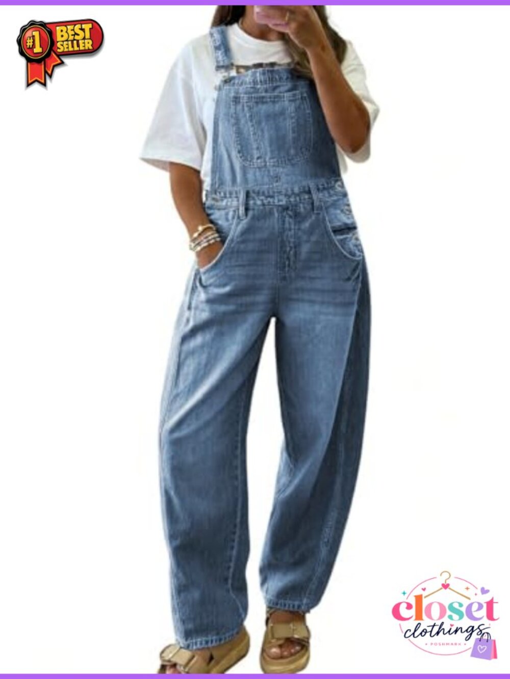 Women's Baggy Wide Leg Denim Overalls Adjustable Strap Bib Jeans